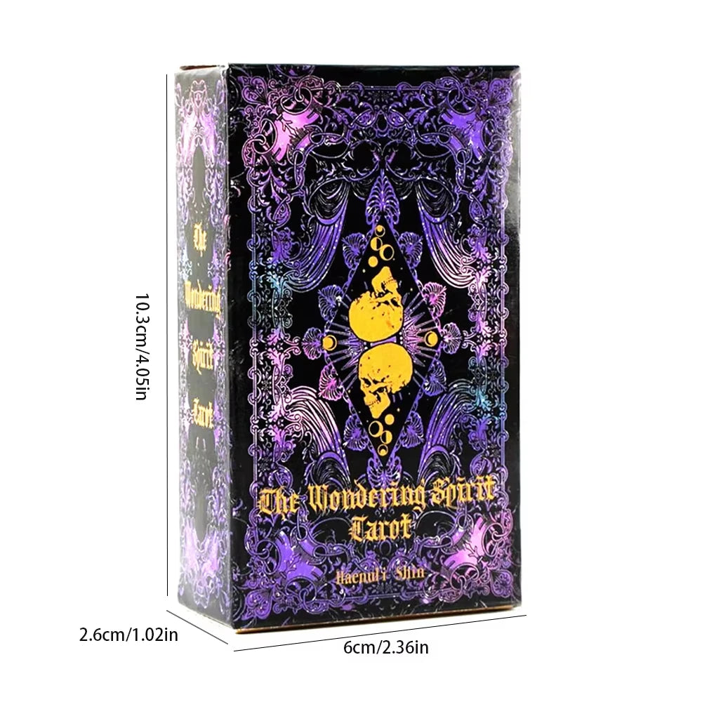 A box of The Wandering Spirit Tarot deck featuring purple and black ornate designs.