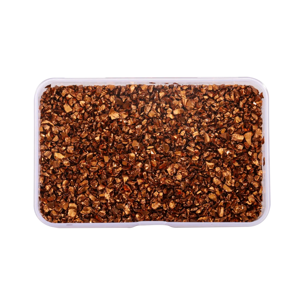 A clear plastic container filled with crushed brown glass stones for resin and craft projects