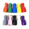 A set of ten wooden chess pawns in various bright and dark colors arranged in two rows.