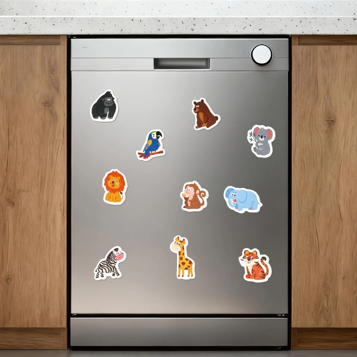 A set of ten adorable animal fridge magnets displayed on a silver refrigerator door.