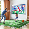Une personne joue au football sur un tapis vert devant un grand écran de match.