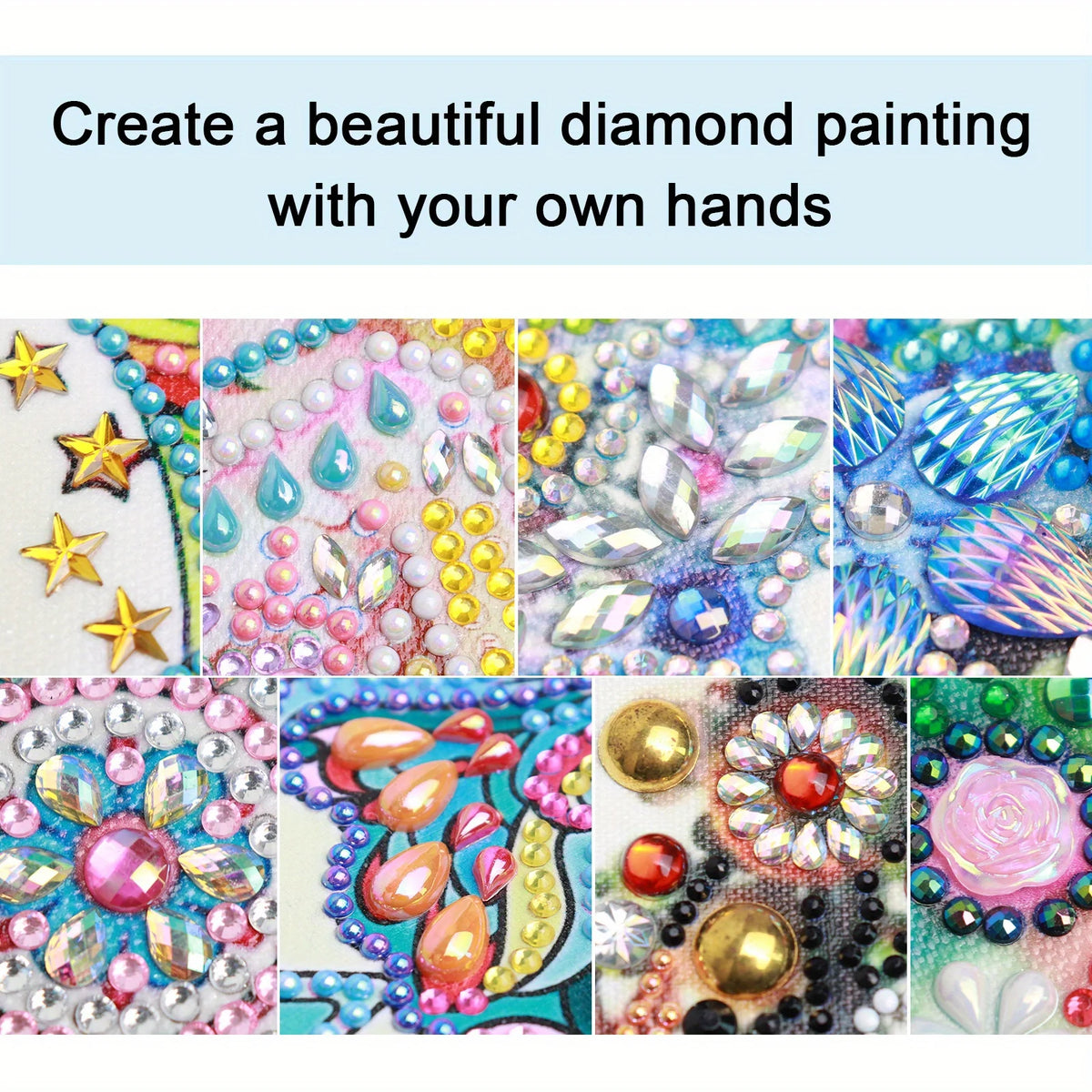 A collection of colorful diamond painting designs featuring various shapes and patterns.