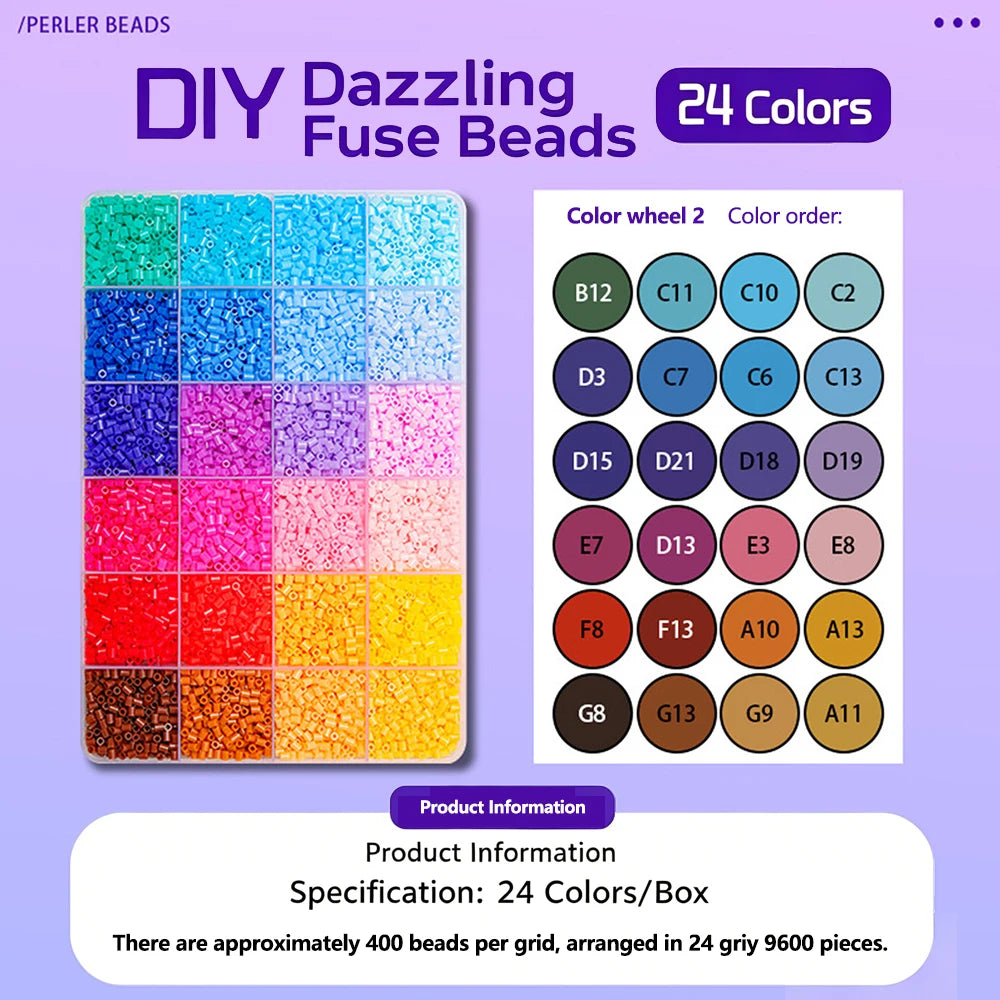 A set of 24 colors of fuse beads arranged in a grid for DIY craft projects