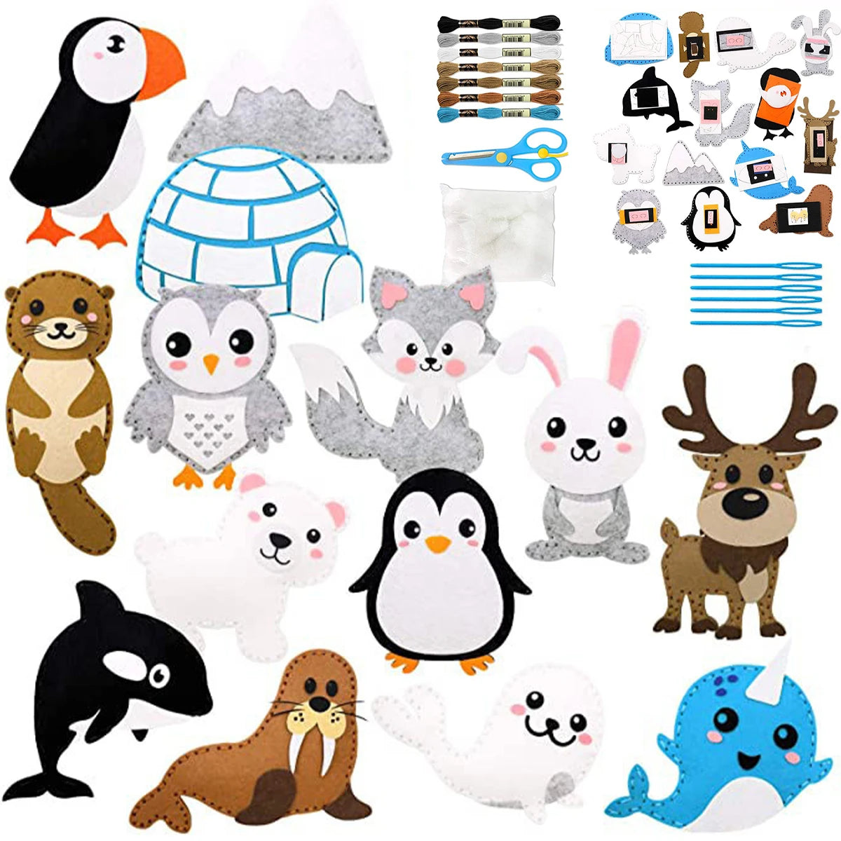 A collection of felt woodland animals including a penguin, owl, mouse, rabbit, and deer.