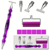 A purple diamond art pen set showing interchangeable tips, a roller, and a purple bone-shaped piece.