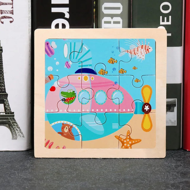 A wooden tangram puzzle featuring colorful animal and traffic designs on a light wood background.