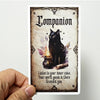 Carte verticale avec la silhouette d'un chat noir, une lampe à huile et le texte 'Companion'.