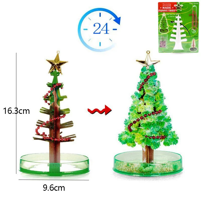 A green crystal growing tree decoration with a star topper and a circular base, shown next to a clock face.