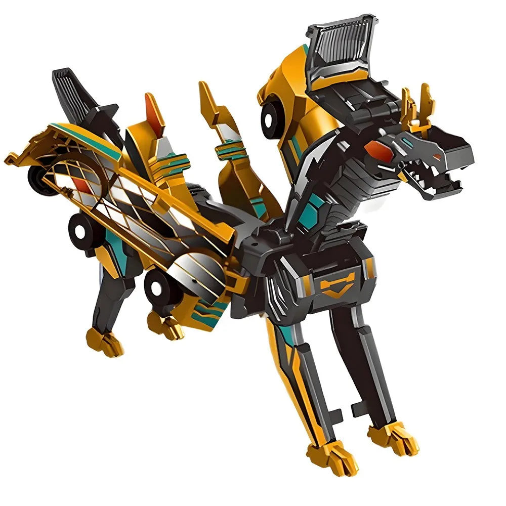 A yellow and black transforming dinosaur car toy in a dynamic pose.