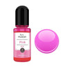 A glass bottle of pink resin pigment with a round pink pigment bead next to it.