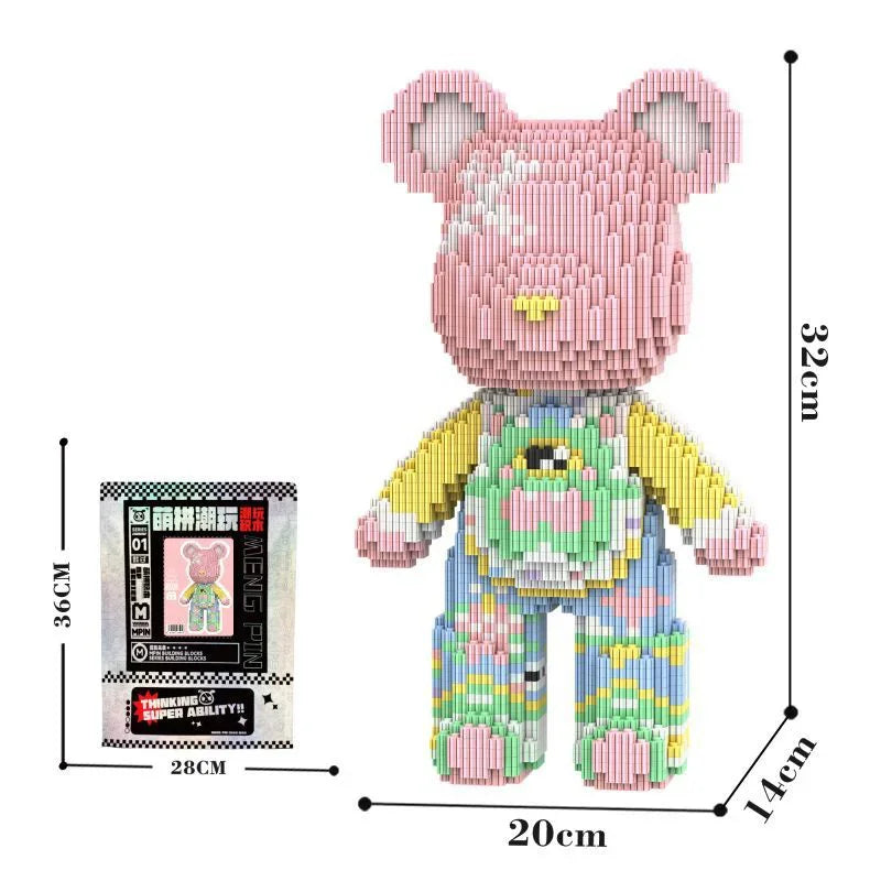 A pink 3D bear building kit made of micro diamond blocks with green accents.