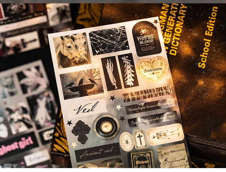 Die-cut sticker sheets featuring gothic and vampire themed poetry and imagery for journaling