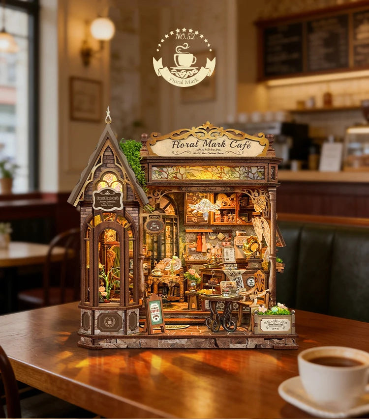DIY Wooden Flower Shop Café Dollhouse Miniature Kit with LED Lighting