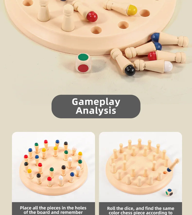 Jeu de mémoire en bois avec des pièces colorées sur un plateau rose pâle.