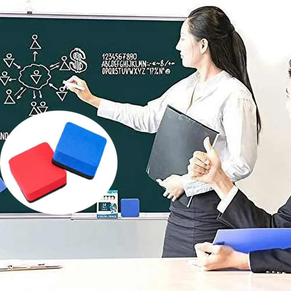 A woman is writing on a magnetic whiteboard with a set of two blue and red felt pads visible.