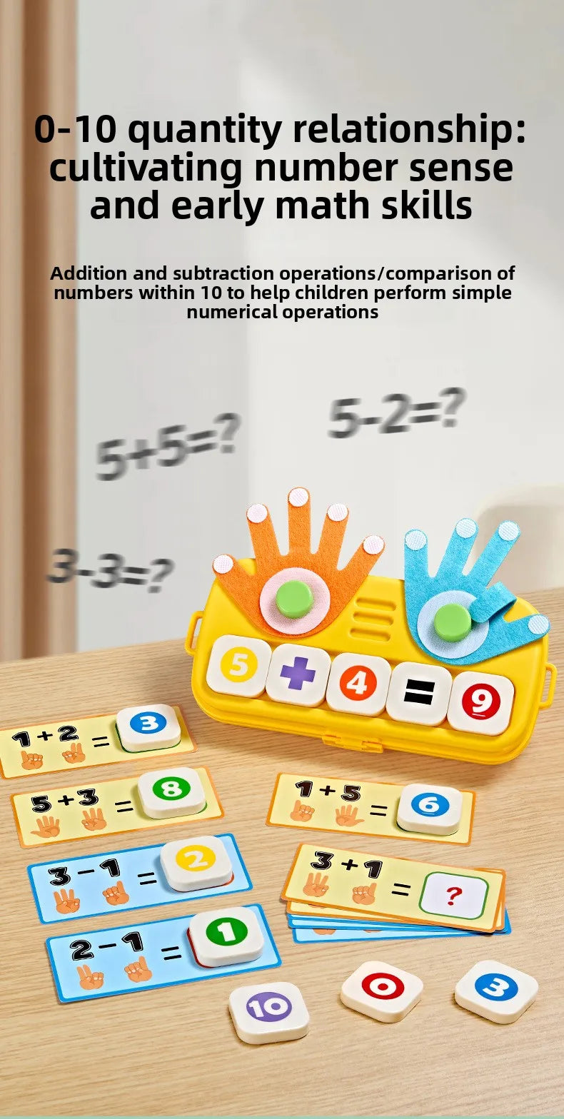 A set of Montessori finger counting math toys showing addition and subtraction problems like 5+5= and 3-3=