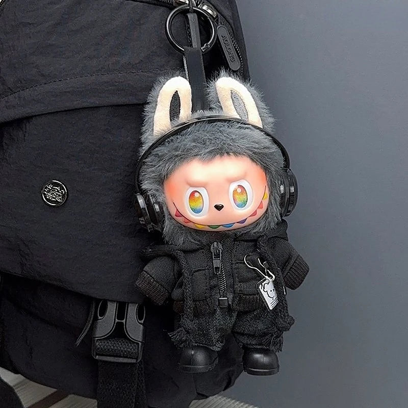 Labubu doll outfit set featuring a black bear hoodie with headphones and a black jacket.
