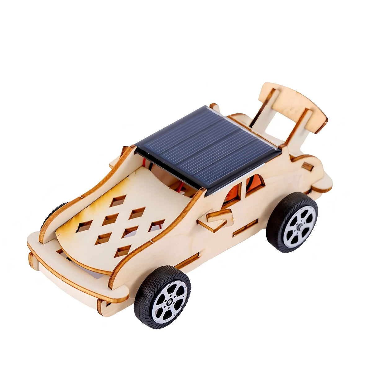 A wooden model kit of a solar-powered lunar rover vehicle.