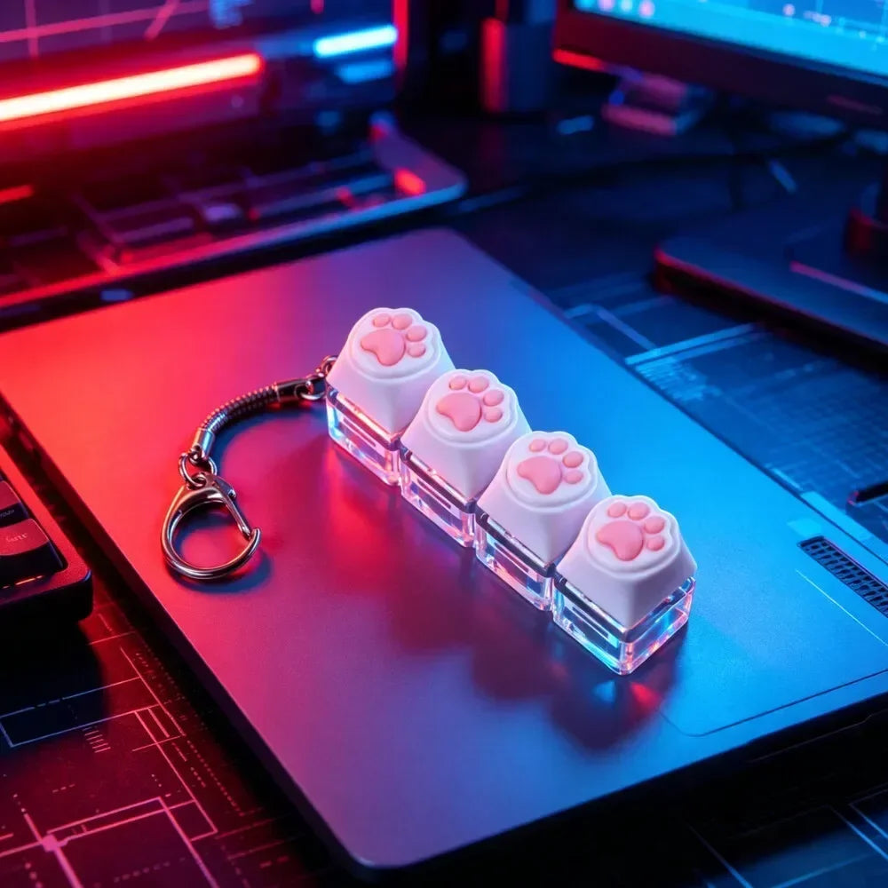 A clear acrylic keychain featuring pink silicone fidget cubes resting on a dark laptop surface with neon lighting.