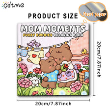 Mom Moments fuzzy buddies coloring book featuring cute bear and bird characters on a pink background