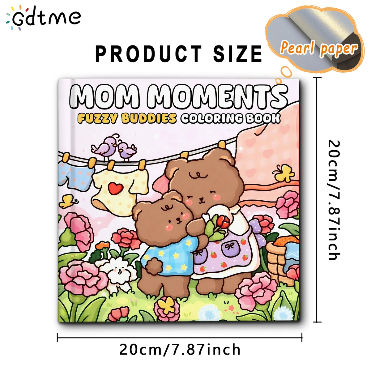 Mom Moments fuzzy buddies coloring book featuring cute bear and bird characters on a pink background