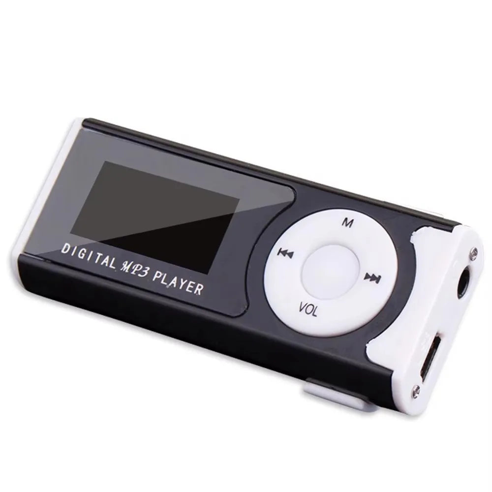 Schwarzer tragbarer MP3-Player mit LCD-Bildschirm und Lautstärkeregler-Tasten.