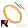 Orange circular knitter with green and red crochet hooks shown next to a woman wearing a knitted item.