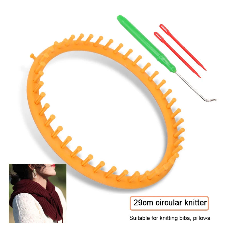 Orange circular knitter with green and red crochet hooks shown next to a woman wearing a knitted item.