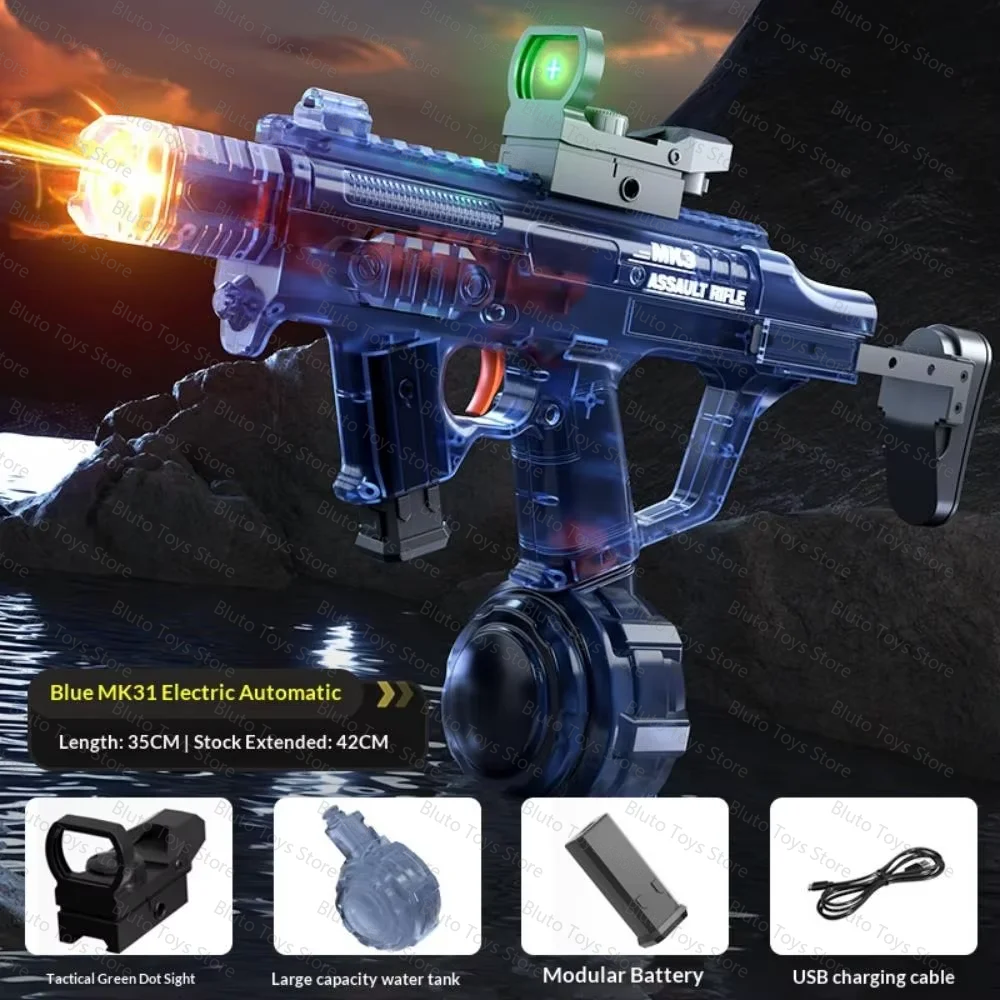 Blue MK31 Electric Automatic rifle with a green light, featuring a modular battery and USB charging cable.