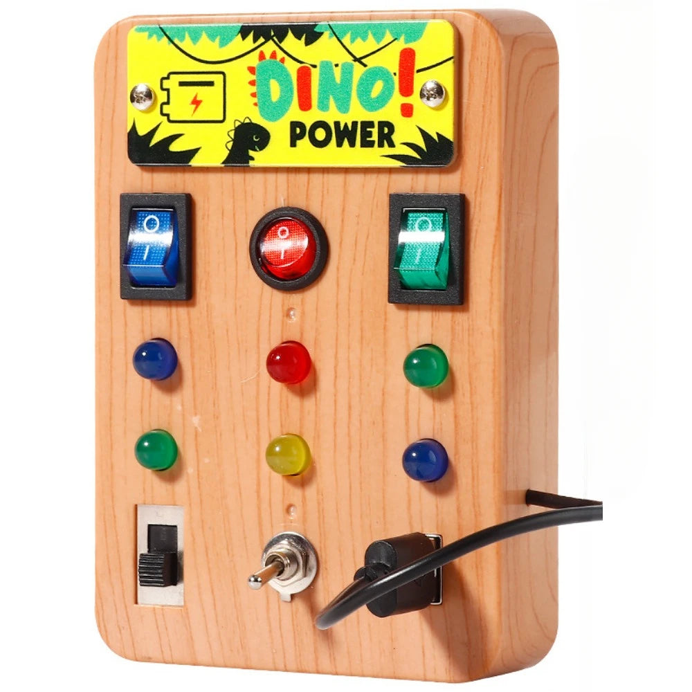 A wooden busy board with a dinosaur theme and various light-up buttons for toddlers.