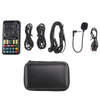 A portable voice changer microphone kit including a control panel, multiple sound effect cables, and a padded carrying pouch.