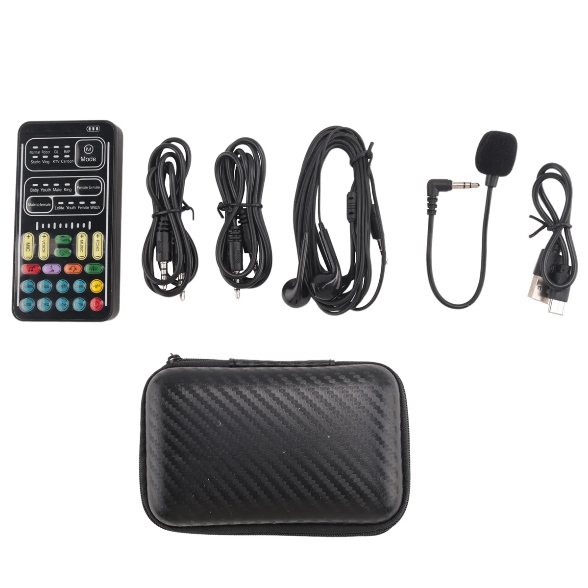 A portable voice changer microphone kit including a control panel, multiple sound effect cables, and a padded carrying pouch.