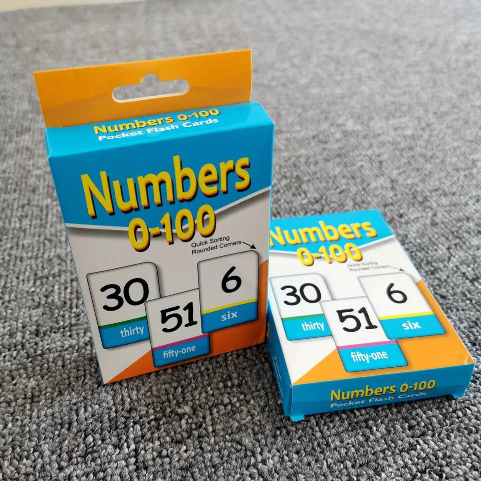 Two orange and blue boxes of Numbers 0-100 pocket flash cards showing numbers like thirty, fifty-one, six, and six.