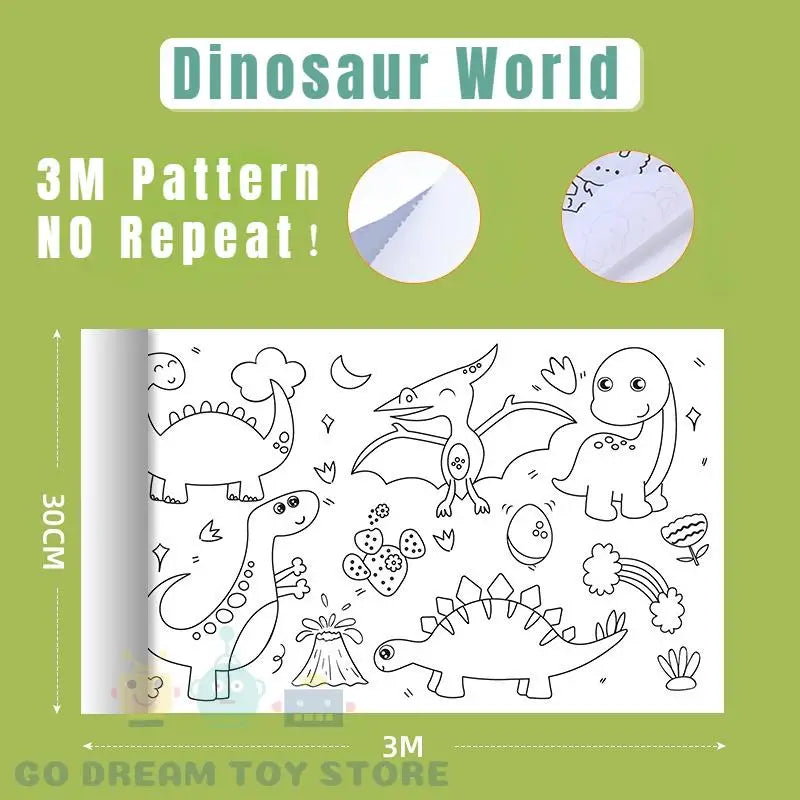 A drawing scroll for kids featuring dinosaur illustrations and patterns for DIY coloring.