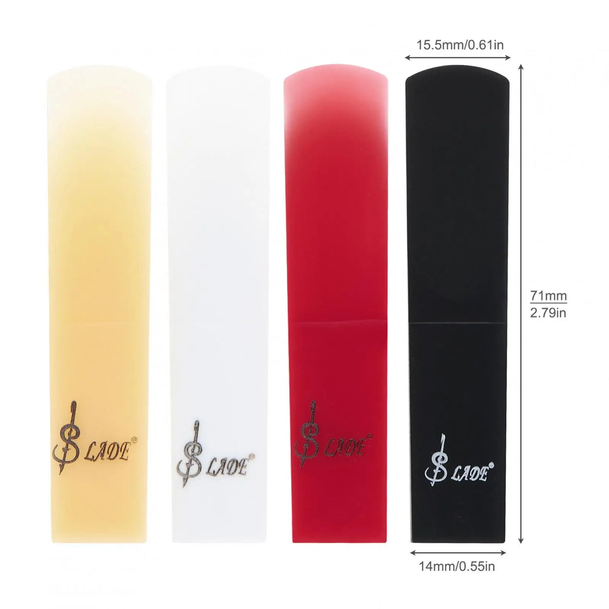 Three colored SLADE resin alto saxophone reeds in yellow, white, and red displayed side by side.