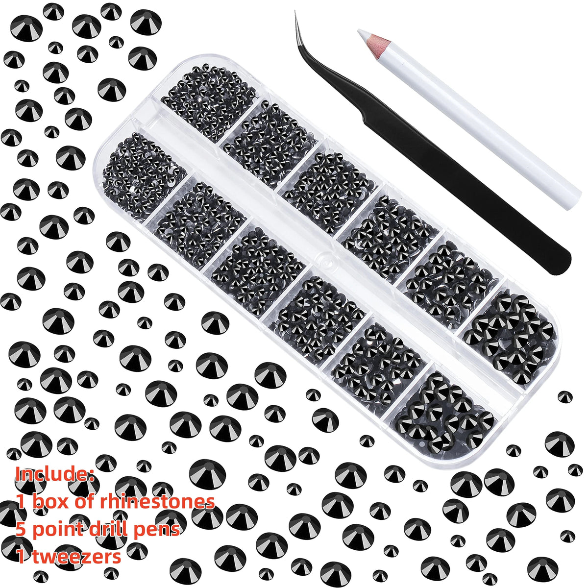 A kit for nail art featuring a box of rhinestones, five point drill pens, and tweezers.