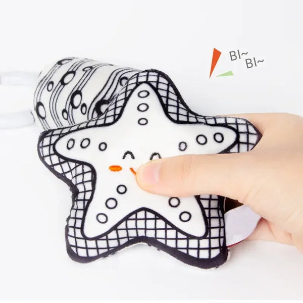 A hand holds a black and white star-shaped teething toy for baby training and sensory play.