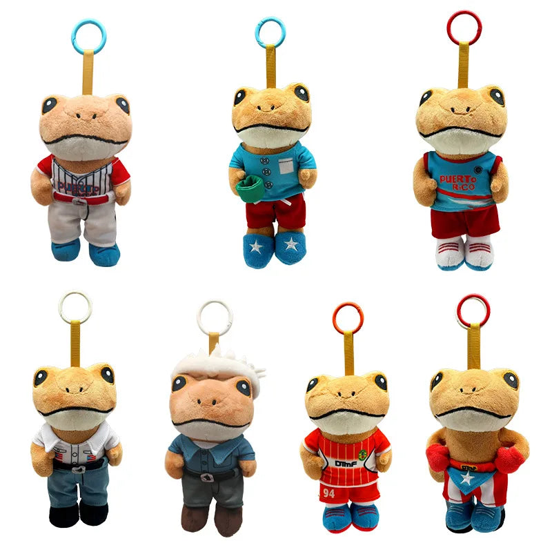 A collection of cute plush frog dolls in various colors and outfits.