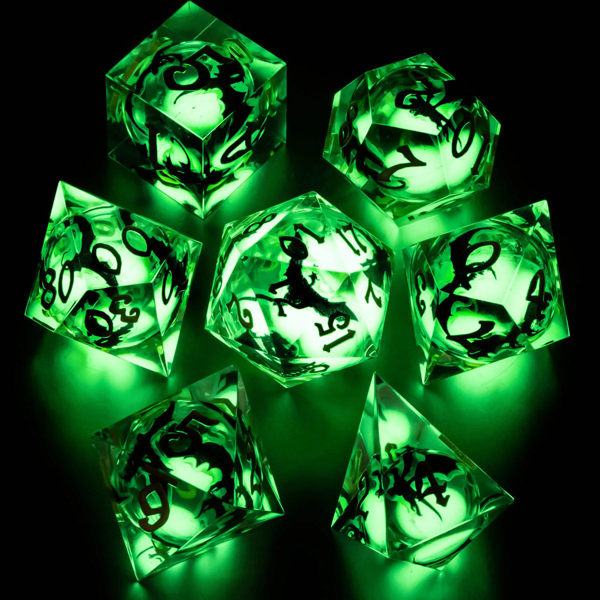 Liquid Core Glow D&D Dice Set with Sharp Edges