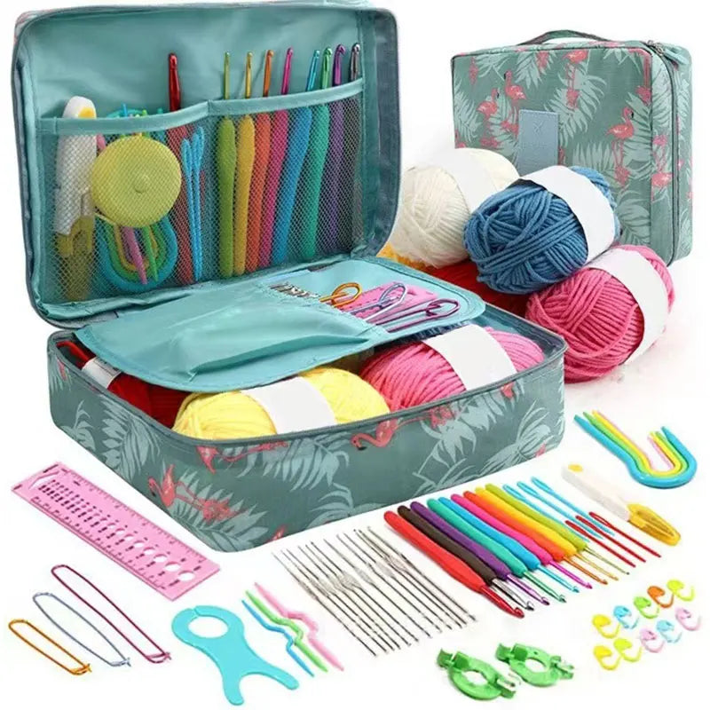 A complete 59-piece crochet kit for beginners with storage bag showing various yarn, needles, and accessories.