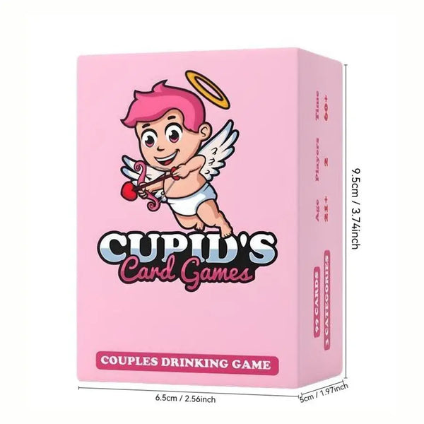 Pink box of Cupid's Card Games featuring a winged baby angel character for couples drinking game