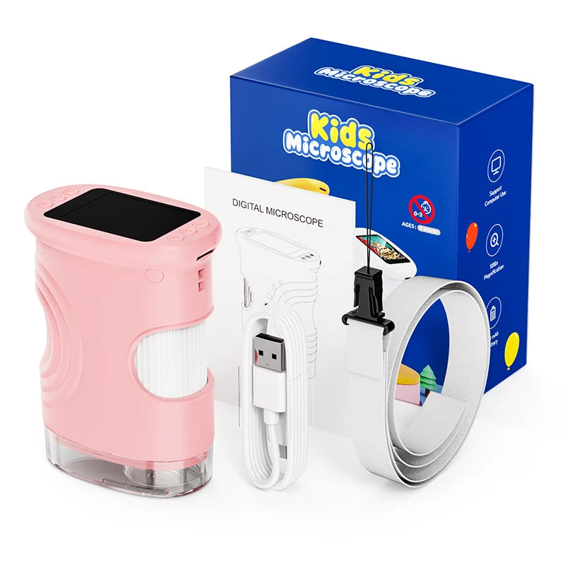 A pink portable digital microscope for kids is shown next to its box and accessories.