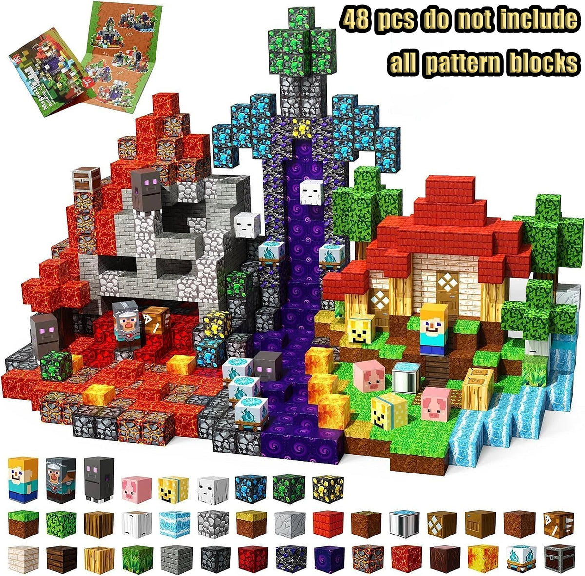 A large set of 48 pattern blocks in various colors and shapes for magnetic building.