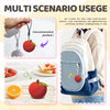 A crochet kit featuring a strawberry pendant and fruit items, demonstrated with a backpack.