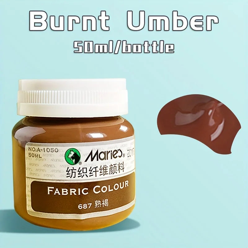 A bottle of burnt umber fabric colour, 50ml per bottle, with a swatch of the paint.