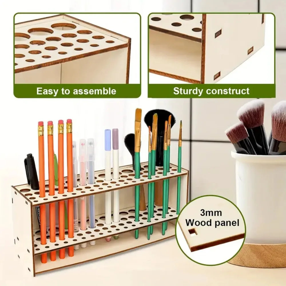 Wooden art brush and pencil organizer with 67 slots featuring a sturdy construct and 3mm wood panel.