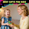 A smiling woman is giving a gift box of rainbow scratch art paper to a happy young girl.