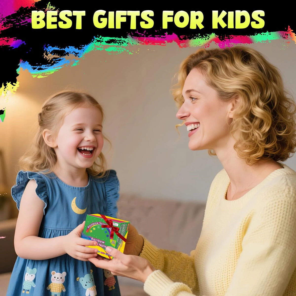 A smiling woman is giving a gift box of rainbow scratch art paper to a happy young girl.