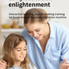 A woman is interacting with a child using a green interactive learning machine and flash cards for early education enlightenm