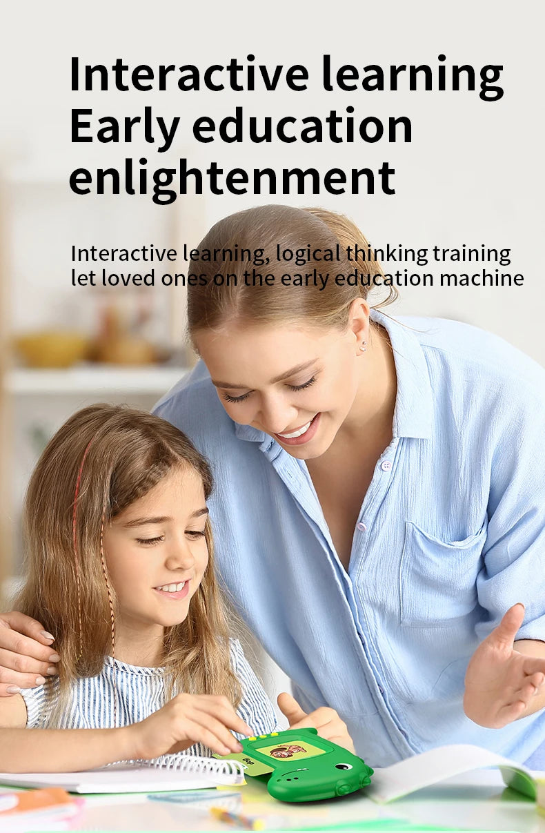 A woman is interacting with a child using a green interactive learning machine and flash cards for early education enlightenm